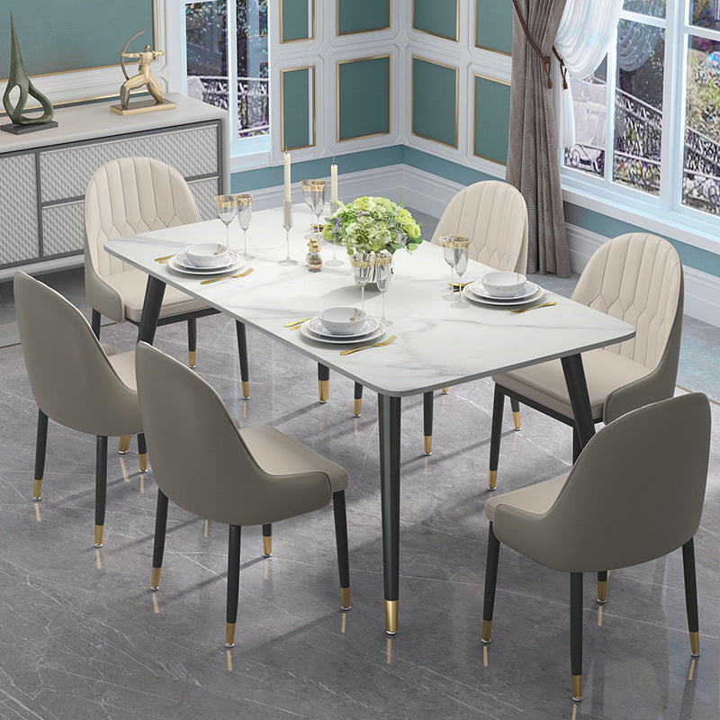 Modern Sintered Stone Table Set of 5/7 with Rectangle White Table Dining Set with PU Leather Chairs