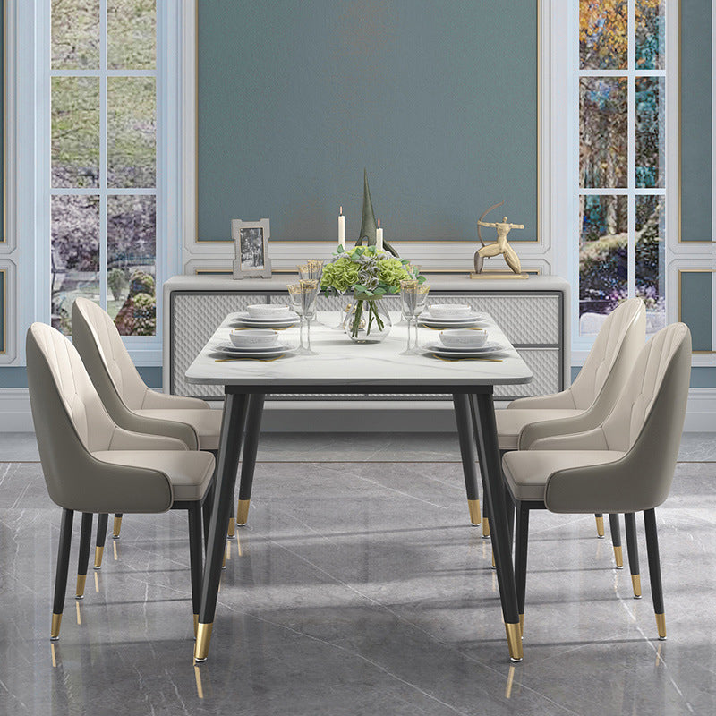 Modern Sintered Stone Table Set of 5/7 with Rectangle White Table Dining Set with PU Leather Chairs