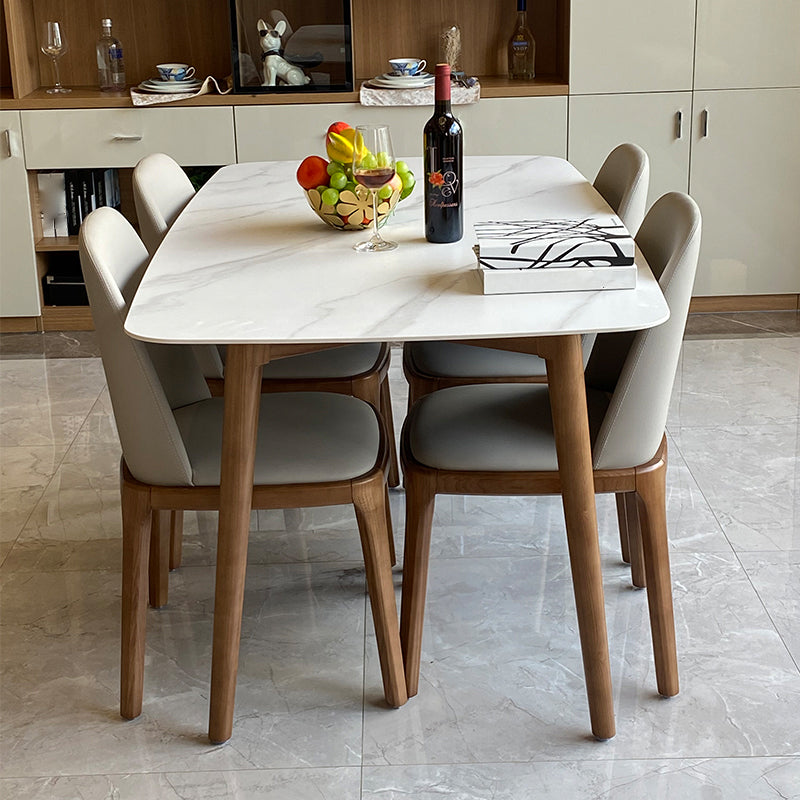 Modern Sintered Stone Dining Table Rectangular Dining Table Set with Solid Wood Base