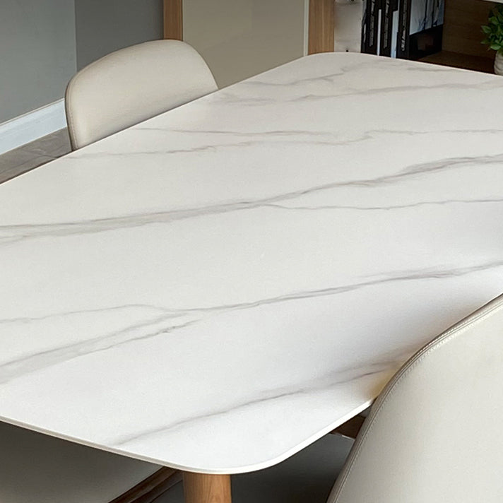 Modern Sintered Stone Dining Table Rectangular Dining Table Set with Solid Wood Base