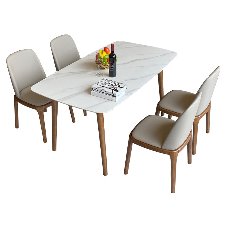 Modern Sintered Stone Dining Table Rectangular Dining Table Set with Solid Wood Base