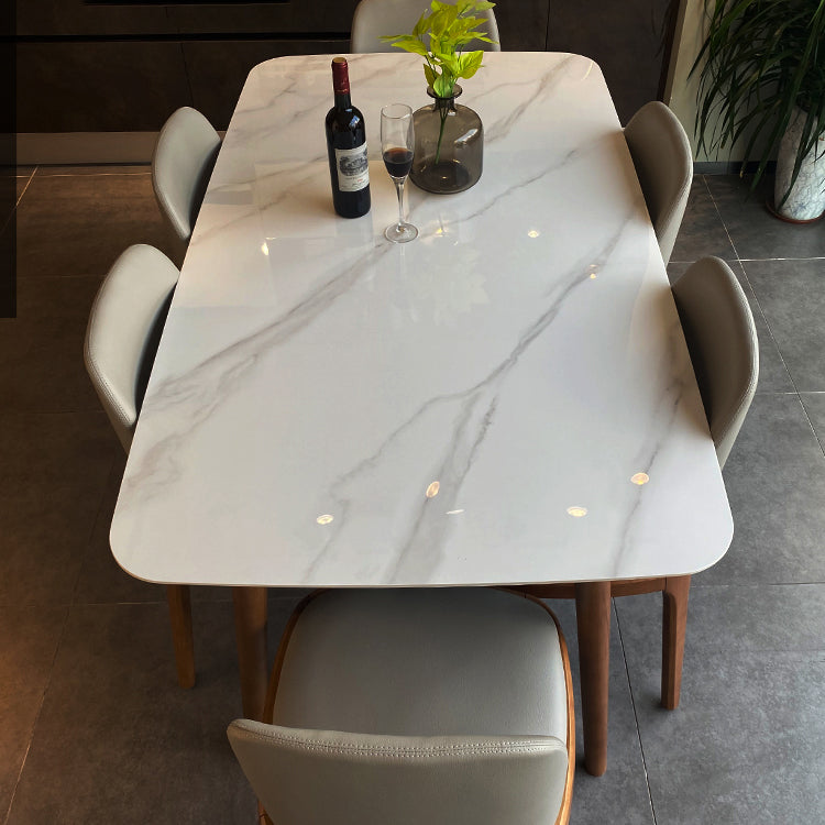Modern Sintered Stone Dining Table Rectangular Dining Table Set with Solid Wood Base