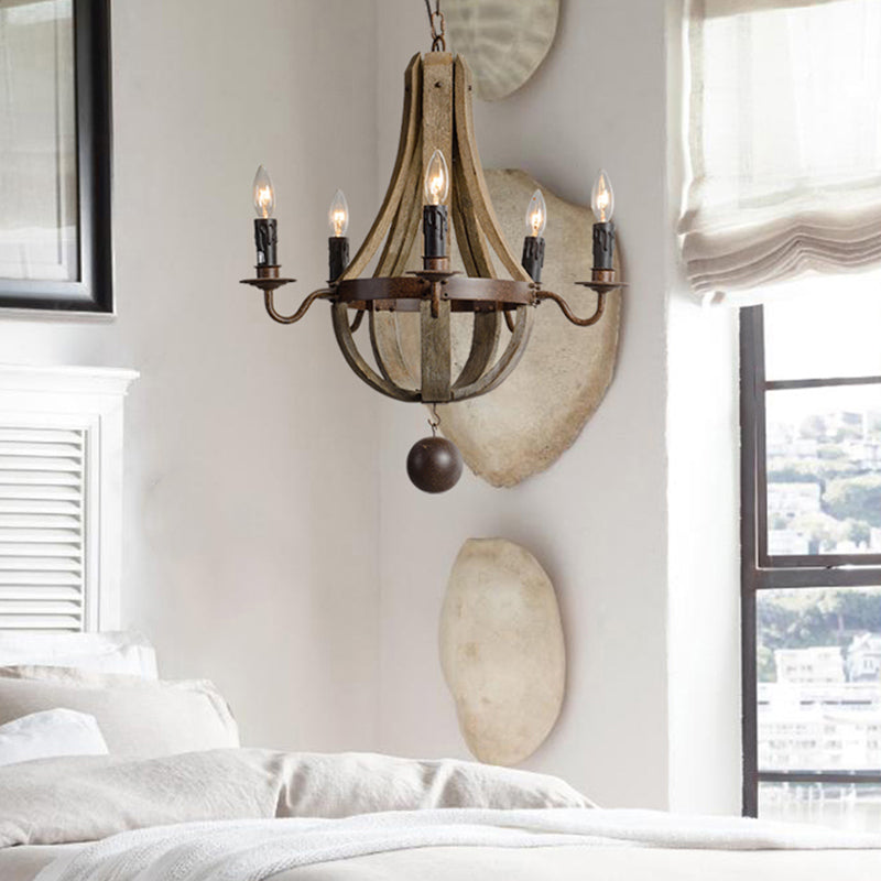 5/6 lumières lustre d'éclairage luminaire rustique vin baril bois suspendu léger en marron pour chambre à coucher