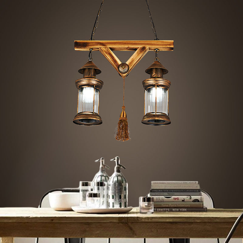 2 Lights Wooden Chandelier Lamp Farmhouse Antique Brass Lantern Porch Down Lighting Pendant