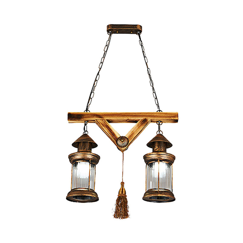 2 Lights Wooden Chandelier Lamp Farmhouse Antique Brass Lantern Porch Down Lighting Pendant