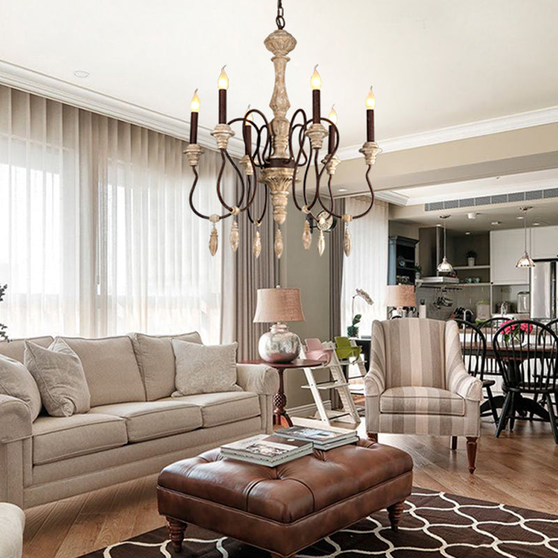 Traditionelle Kandelabra -Anhänger 6 Lichter Holzdecker Krorenleuchter im Elfenbein für Wohnzimmer