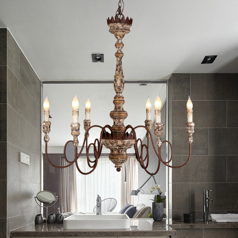 Kerzenholzheizpendellanzeige traditionelles 6-Köpfen-Wohnzimmer Kronleuchter Licht mit Wirbeln im Rost