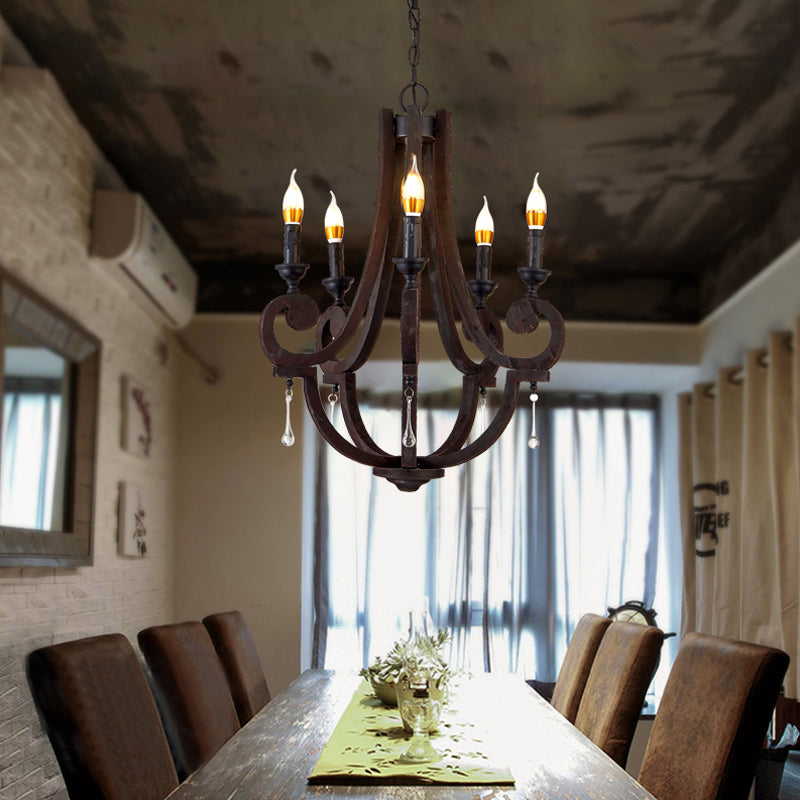 Brauner Kerzenhänger Kronleuchter ländliches Holz 5 Heads Restaurant Hanging Deckenleuchte
