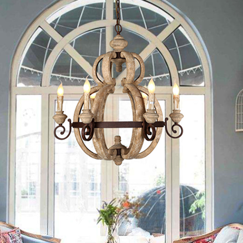 6-Light Chandelier Light Antique Living Room Suspension Pendant with Candle Wood in Beige