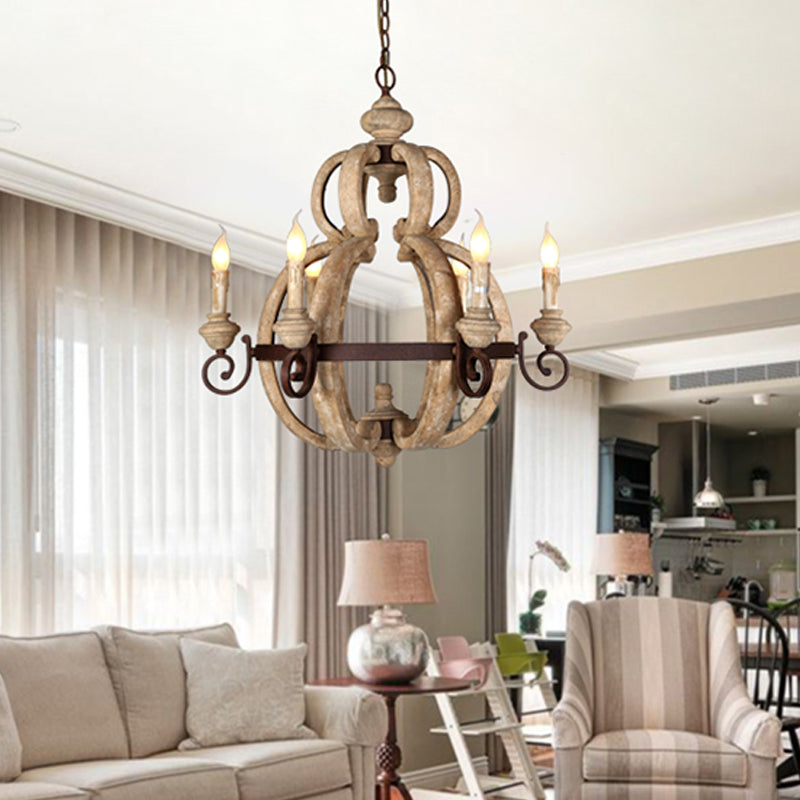 6-Light Chandelier Light Antique Living Room Suspension Pendant with Candle Wood in Beige