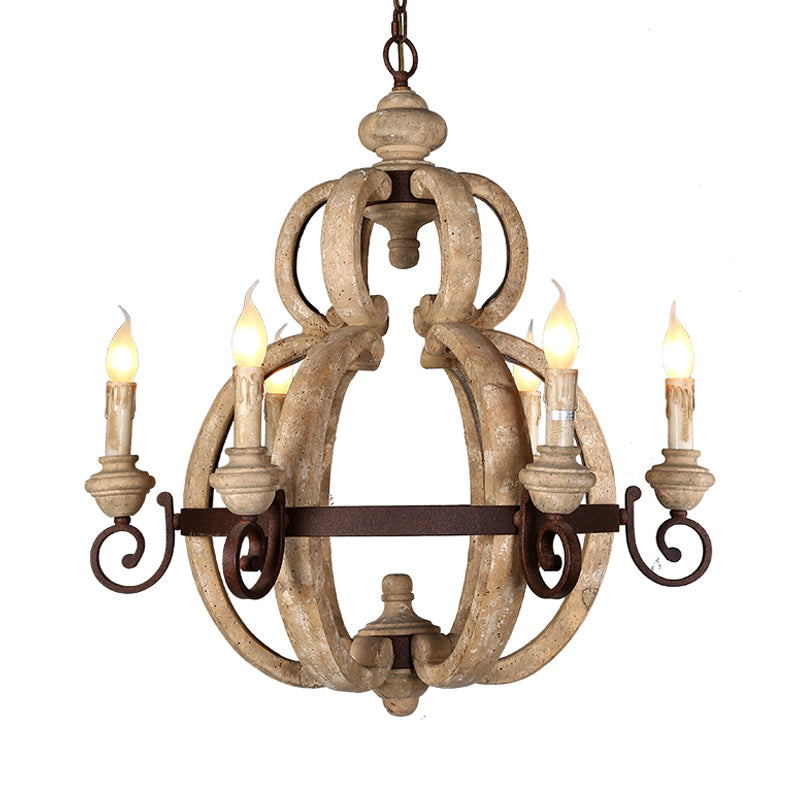 6-Light Chandelier Light Antique Living Room Suspension Pendant with Candle Wood in Beige