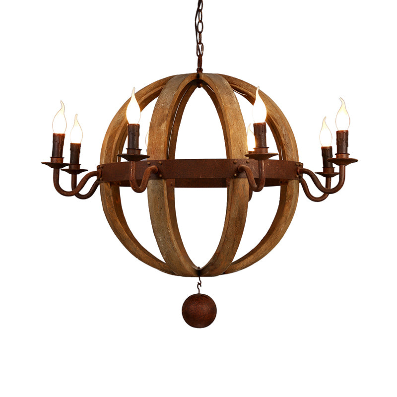 Luz de techo de madera de globo tradicional de 6/8 bombas Candelera colgante de comedor en marrón