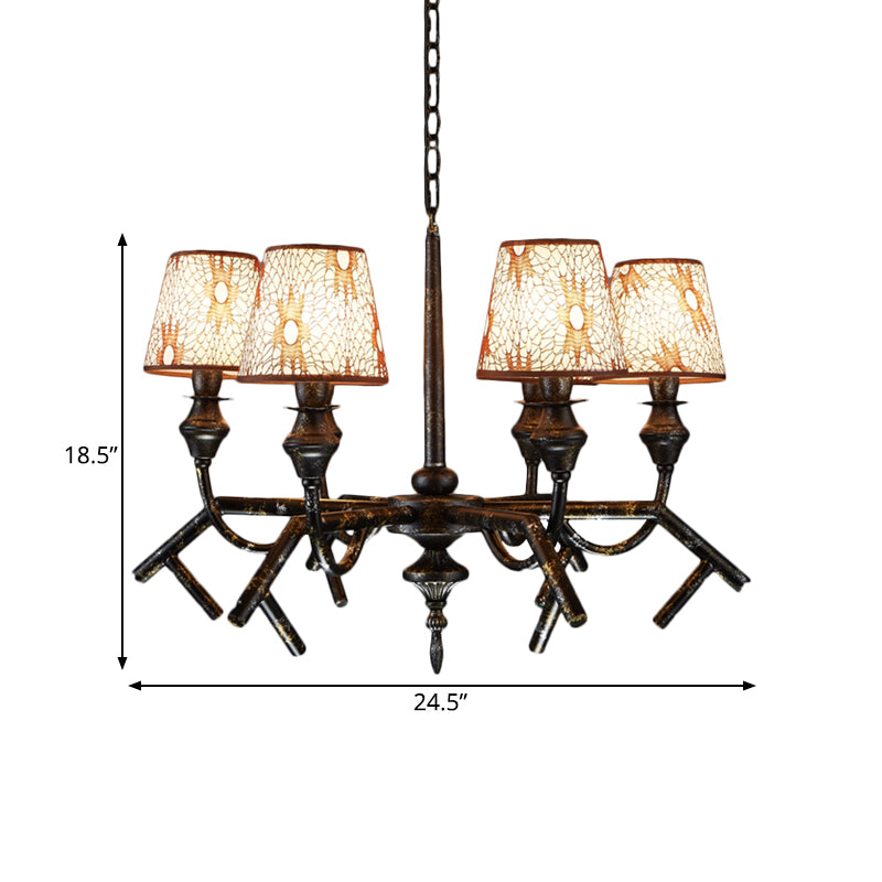 6 Lights Fabric Chandelier Lamp Traditional Brass Conical Restaurant Down Lighting Pendant