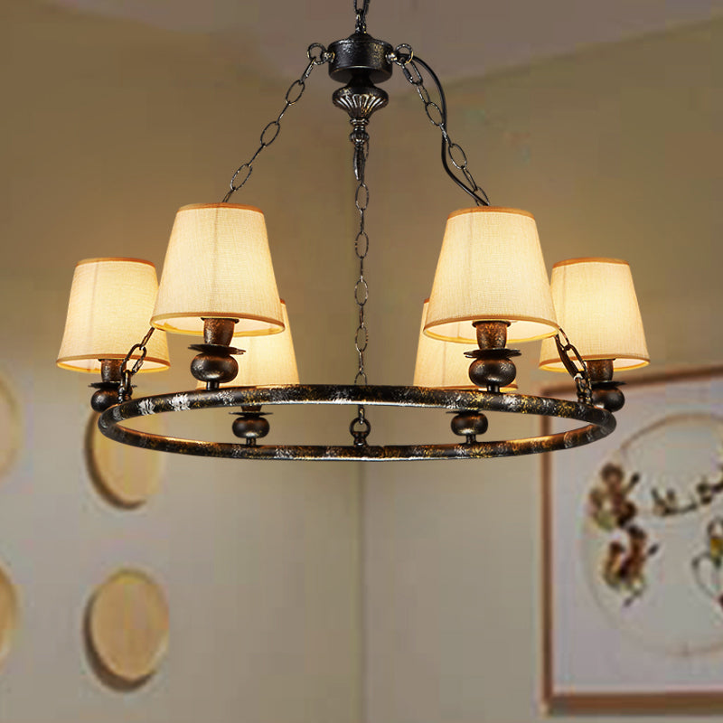 Anello rustico sospeso a sospensione a 6 luci lampadario soffitto in tessuto in nero per soggiorno