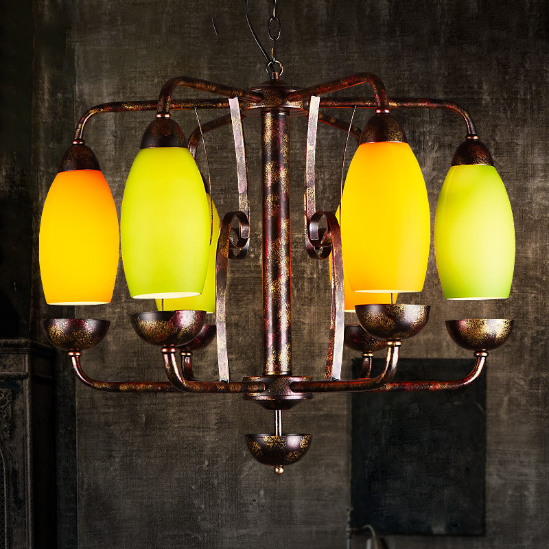 Rust 6 Lights Chandelier Lighting Rural Orange and Green Glass Curved Shade Pendant Lamp for Bar