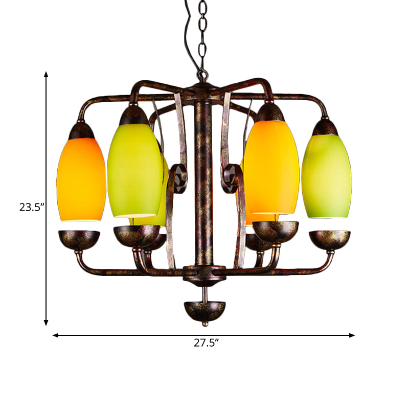 Rust 6 Lights Chandelier Lighting Rural Orange and Green Glass Curved Shade Pendant Lamp for Bar