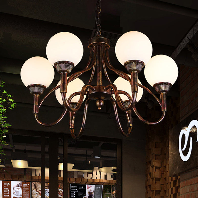 Opal Glass Sphere Chandelier Lamp Rural 6-Head Restaurant Pendant Ceiling Light in Rust
