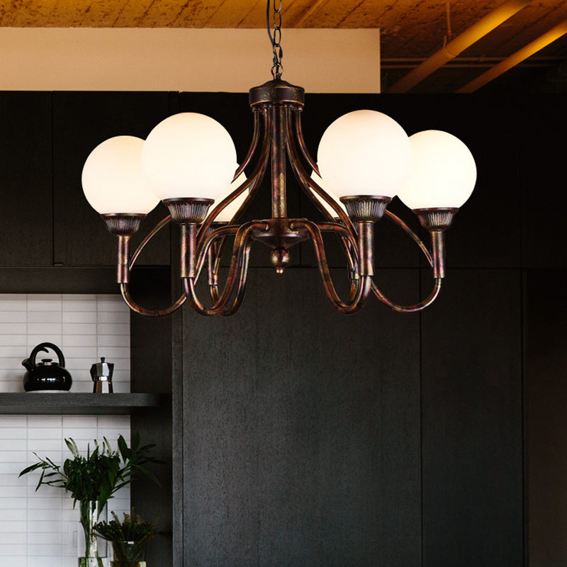 Opal Glass Sphere Chandelier Lamp Rural 6-Head Restaurant Pendant Ceiling Light in Rust
