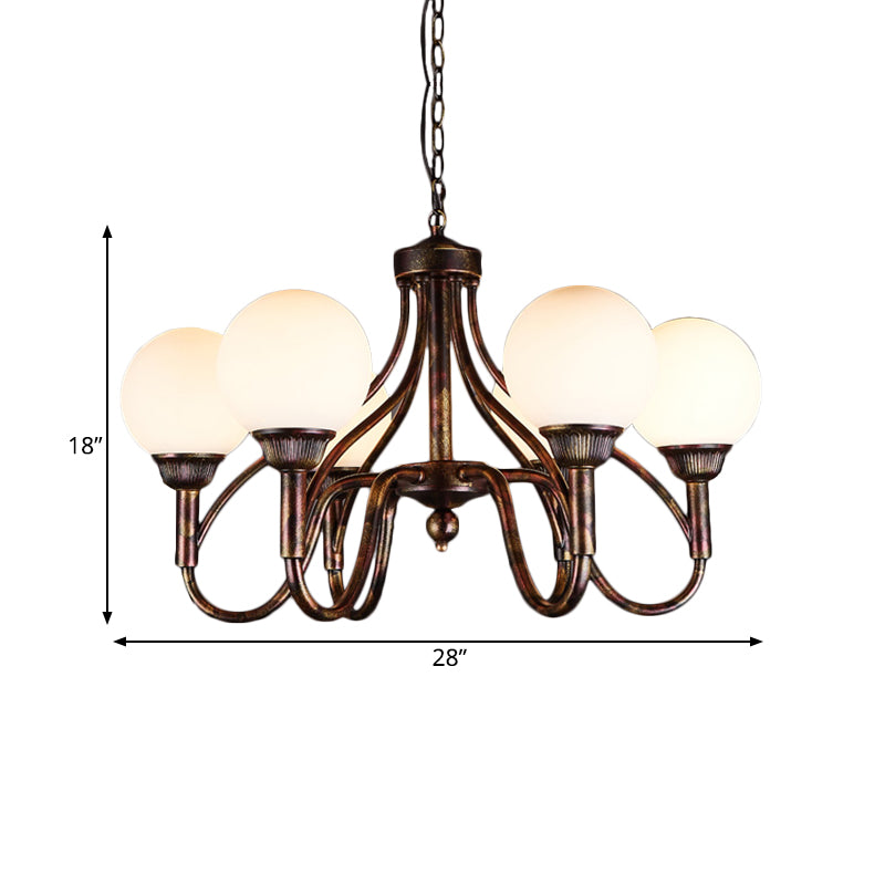 Opal Glass Sphere Chandelier Lamp Rural 6-Head Restaurant Pendant Ceiling Light in Rust