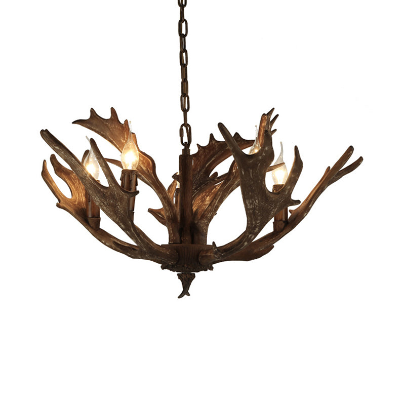 Caffè/avorio a 5 luci illuminazione lampadario in resina rustica candelabra lampada a ciondolo con corna di cervo