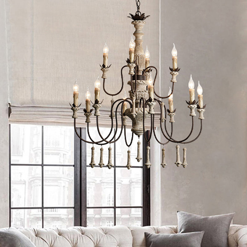 12 têtes Chandelier en bois rural brun à 2 niveaux suspendus de salon avec bras en métal incurvé