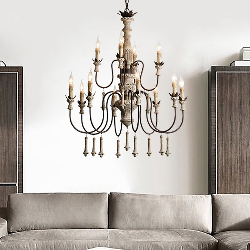 12 têtes Chandelier en bois rural brun à 2 niveaux suspendus de salon avec bras en métal incurvé