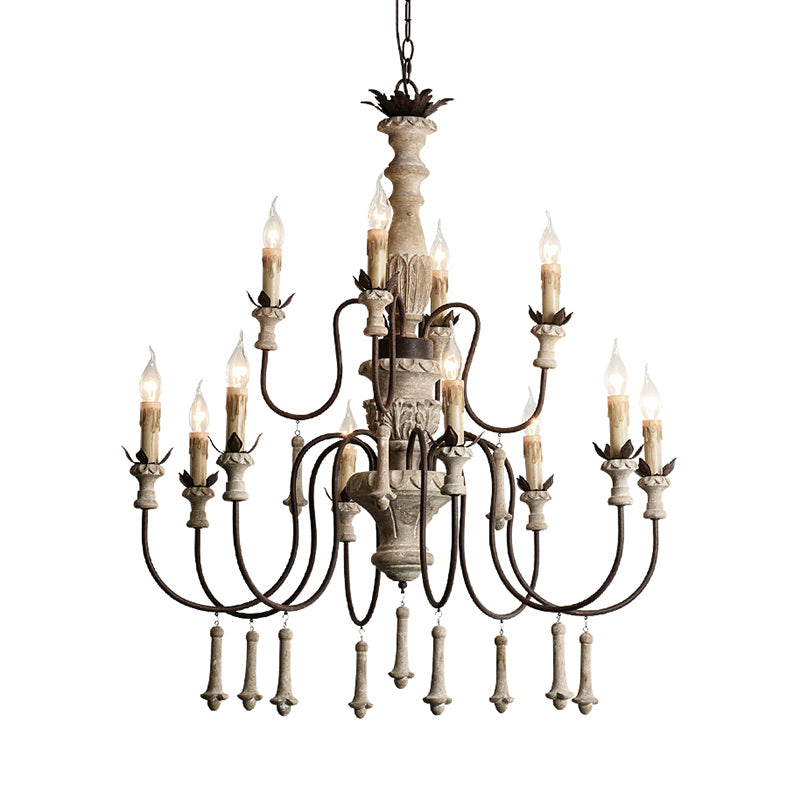 12 têtes Chandelier en bois rural brun à 2 niveaux suspendus de salon avec bras en métal incurvé