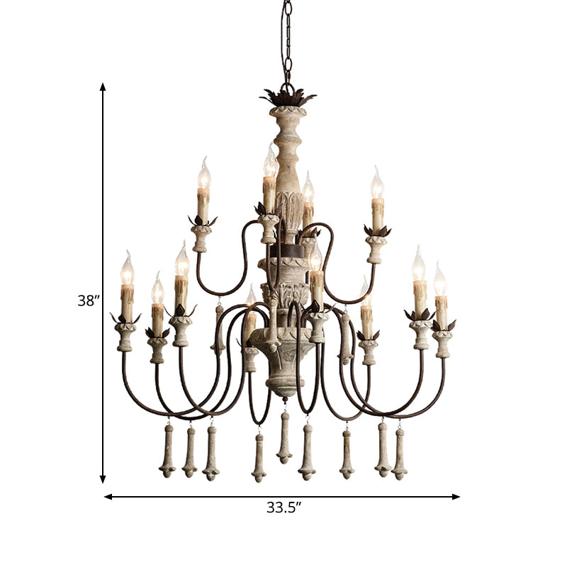 12 têtes Chandelier en bois rural brun à 2 niveaux suspendus de salon avec bras en métal incurvé