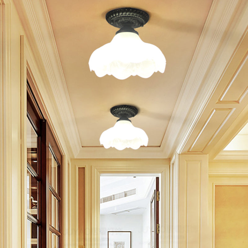 1 Light Scalloped Flush Mount Lamp Traditional White Glass Ceiling Mounted Fixture for Corridor