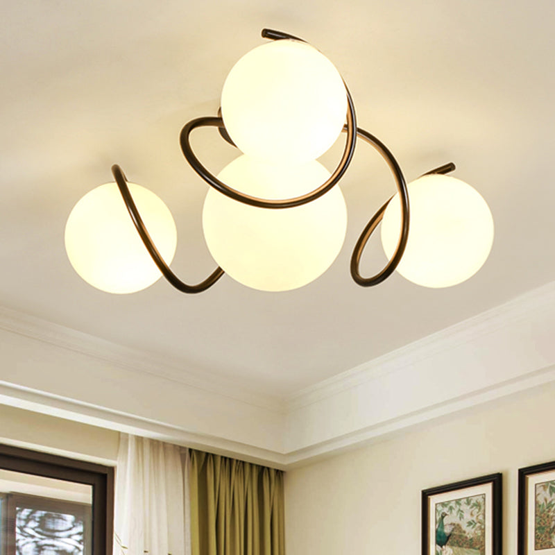 4/7 Lights Opal Glass Semi Flush Light Traditional Black/White Orb Living Room Ceiling Lighting, 22"/34" Wide
