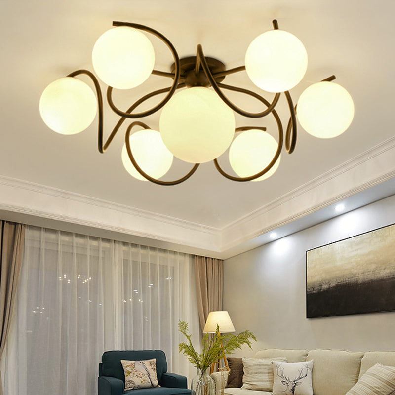 4/7 Lights Opal Glass Semi Flush Light Traditional Black/White Orb Living Room Ceiling Lighting, 22"/34" Wide