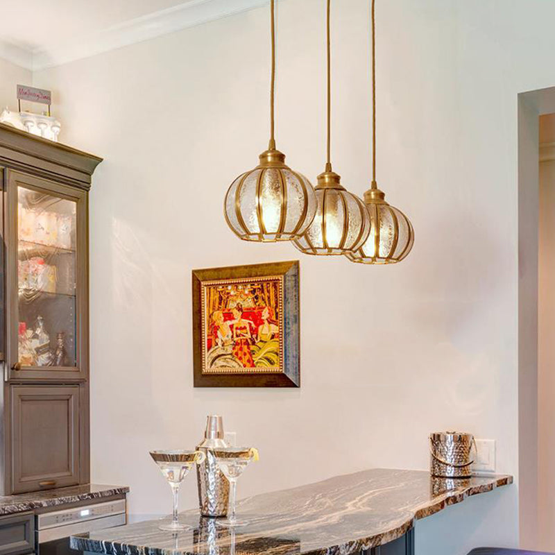 Gestructuur glazen bol cluster hanglamp retro 1/3 bollen messing hangende lamp met ronde/lineaire luifel
