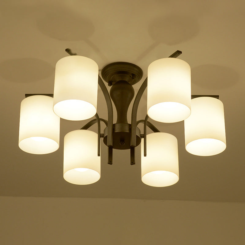 Black Radial Semi Flush Mount in Traditional Retro Style Wrought Iron Ceiling Light with Glass Shade