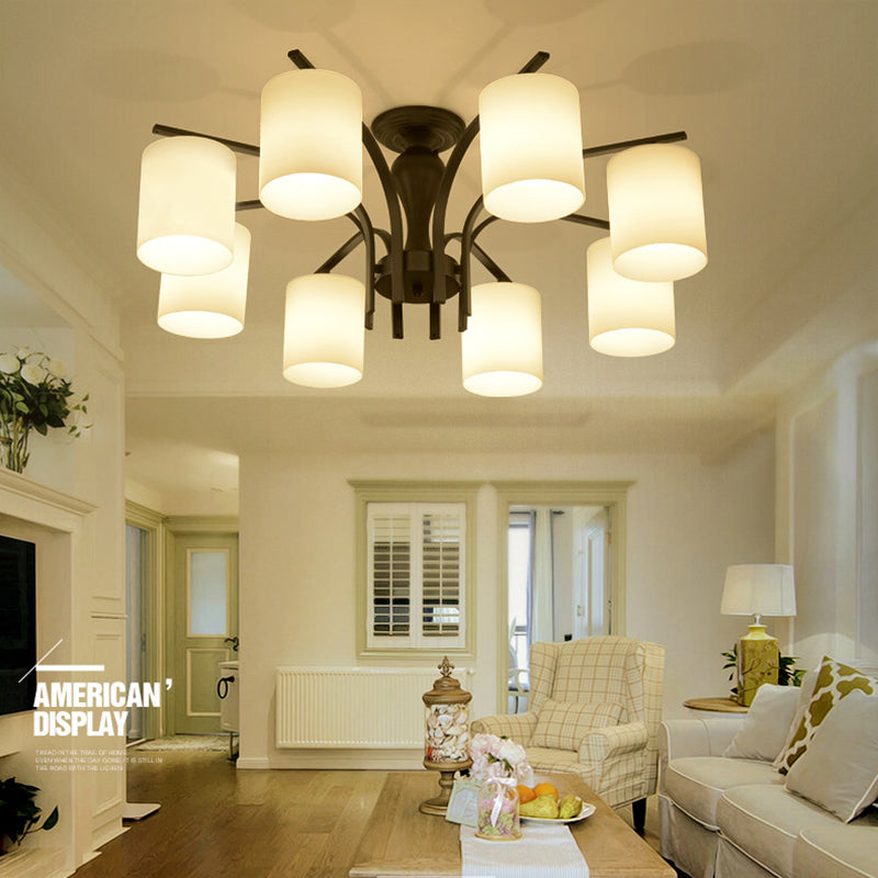 Black Radial Semi Flush Mount in Traditional Retro Style Wrought Iron Ceiling Light with Glass Shade