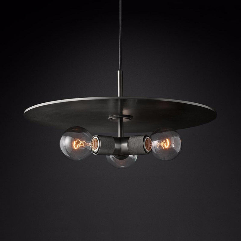 Schwarz/Messing/Chrom exponierte Glühbirnenleuchter Lampe Retro 3 Köpfe klare Glasdecke Anhänger Licht mit Metallscheibe