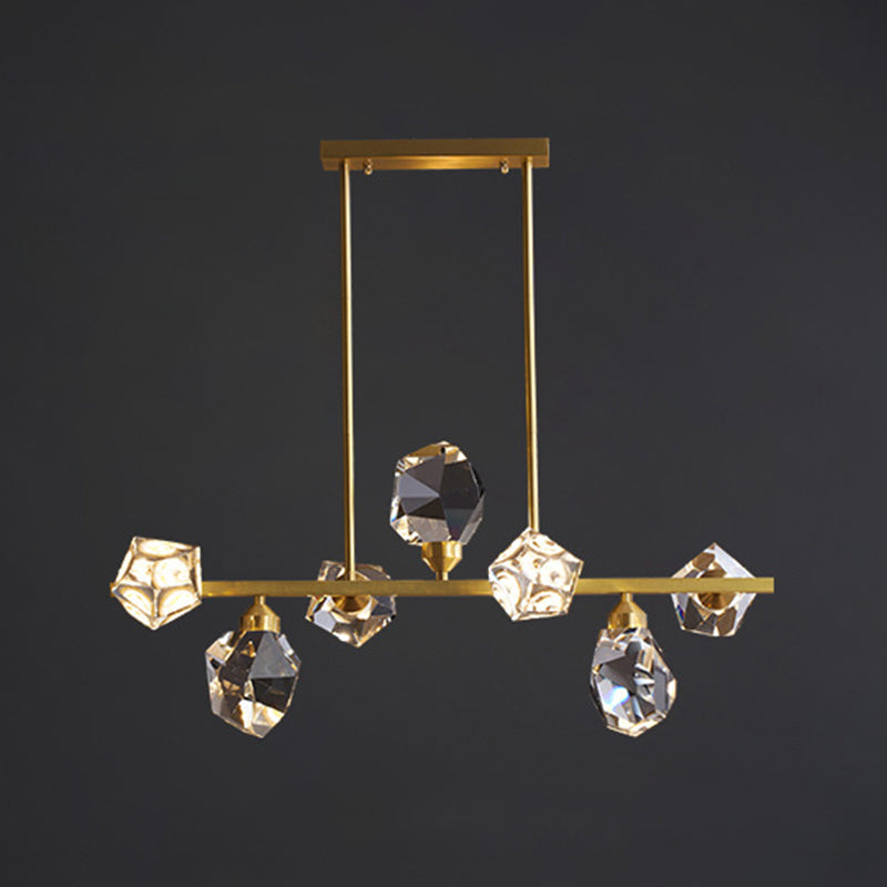 Luci dell'isola geometrica moderna a sospensione Crystal e Metal Island Lighting 7 Light in oro