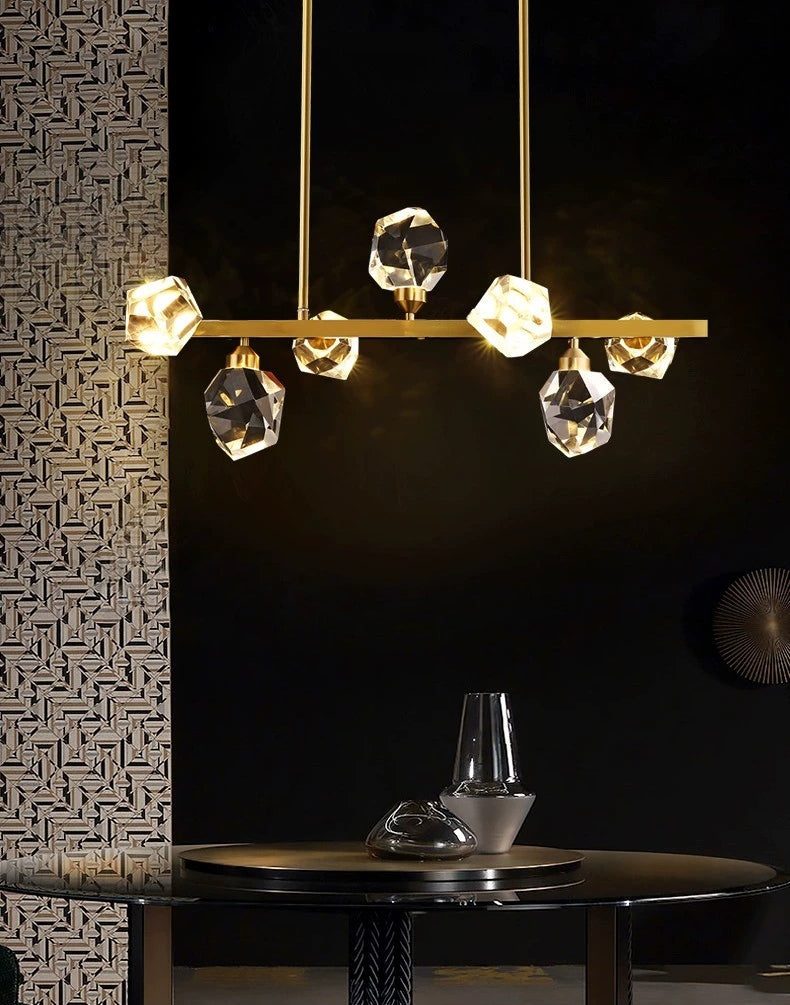 Luci dell'isola geometrica moderna a sospensione Crystal e Metal Island Lighting 7 Light in oro