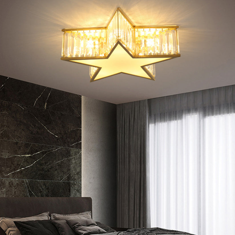 Lustre en cuivre et or style colonial Vintage Crystal Star 4 lumières encastré chambre à coucher