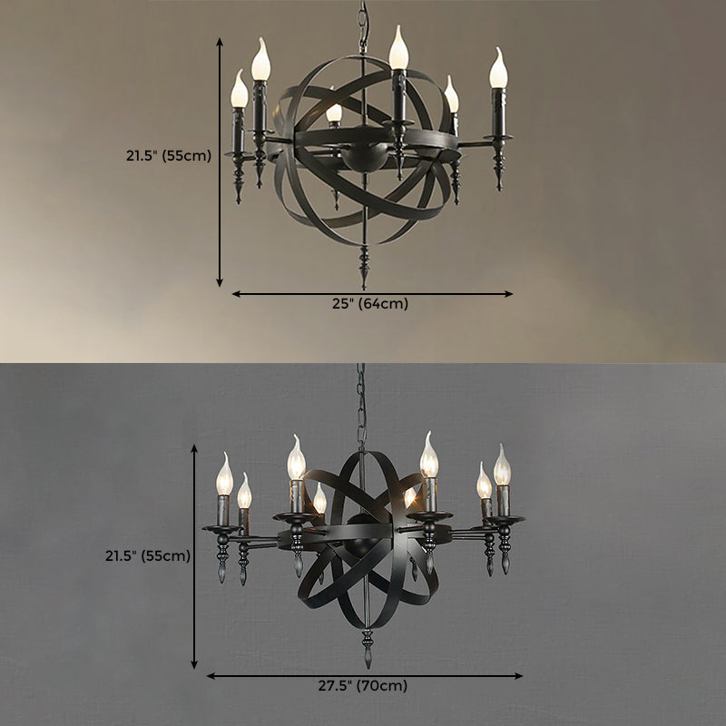 6/8 Light Industrial Globe Lantern Plafond Light Style Candle Black Metallic Chandelier