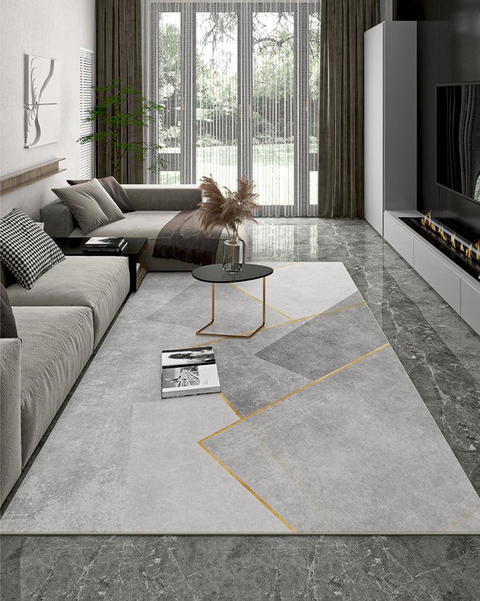 Grey Living Room Area Rug Geometric Print Polyester Area Carpet Non-Slip Backing Rug for Home Decor