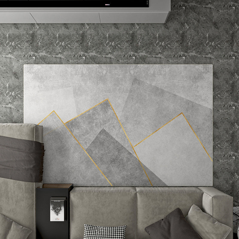Grey Living Room Area Rug Geometric Print Polyester Area Carpet Non-Slip Backing Rug for Home Decor