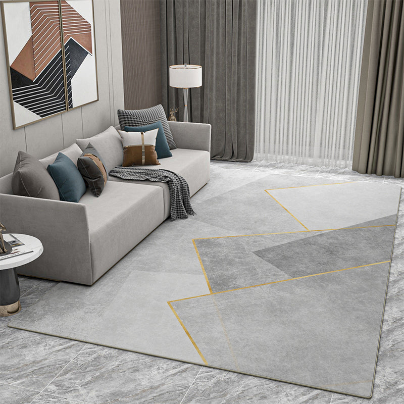 Grey Living Room Area Rug Geometric Print Polyester Area Carpet Non-Slip Backing Rug for Home Decor