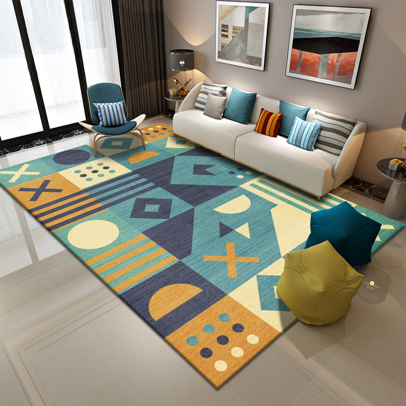 Chic Blue Modern Rug Geometric Print Polyester Area Rug Anti-Slip Area Carpet for Home Decor