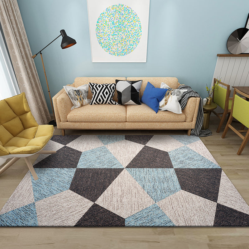 Fancy Modern Rug Blue Geometric Pattern Polyester Area Carpet Non-Slip Backing Rug for Living Room