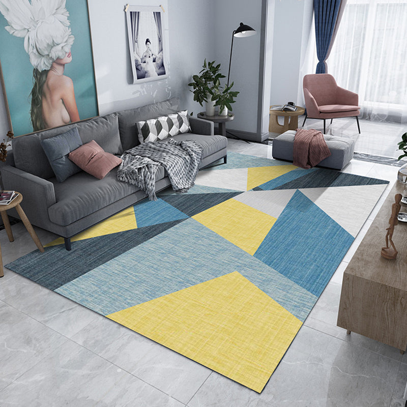 Fancy Modern Rug Blue Geometric Pattern Polyester Area Carpet Non-Slip Backing Rug for Living Room