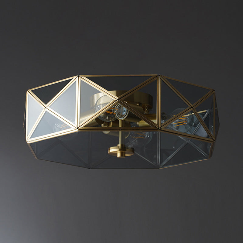 Plafonnier géométrique vintage colonial en cuivre, plafonnier à 4 lumières avec abat-jour en verre