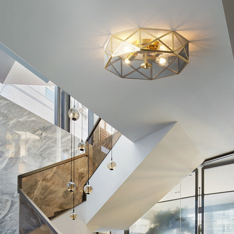 Plafonnier géométrique vintage colonial en cuivre, plafonnier à 4 lumières avec abat-jour en verre