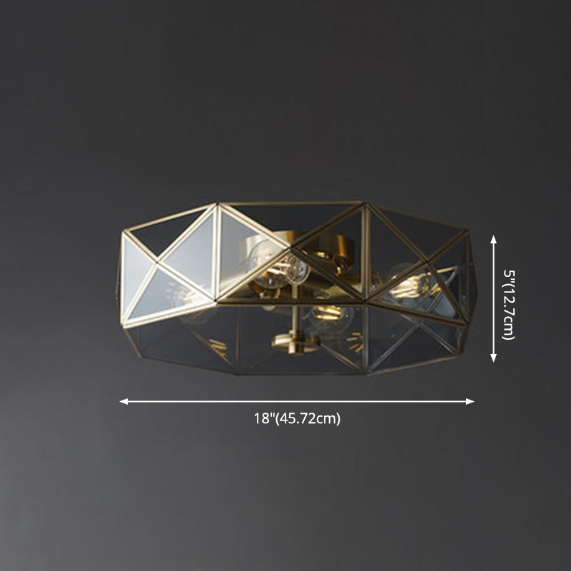 Plafonnier géométrique vintage colonial en cuivre, plafonnier à 4 lumières avec abat-jour en verre