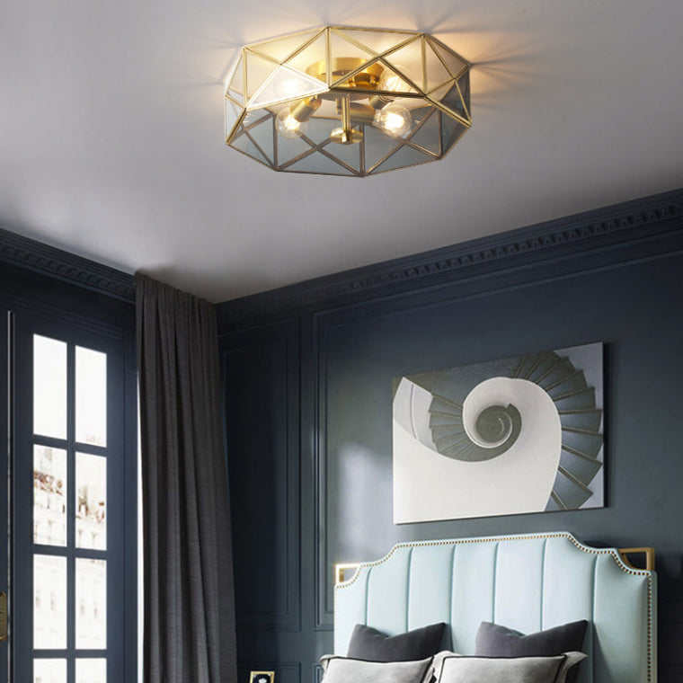 Plafonnier géométrique vintage colonial en cuivre, plafonnier à 4 lumières avec abat-jour en verre