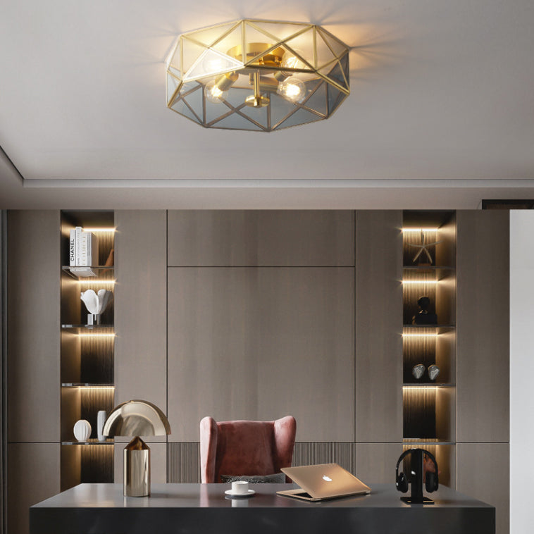 Plafonnier géométrique vintage colonial en cuivre, plafonnier à 4 lumières avec abat-jour en verre